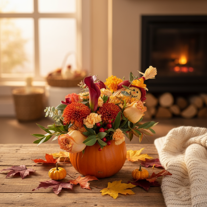 Autumn Pumpkin Arrangement in a stunning fall setting