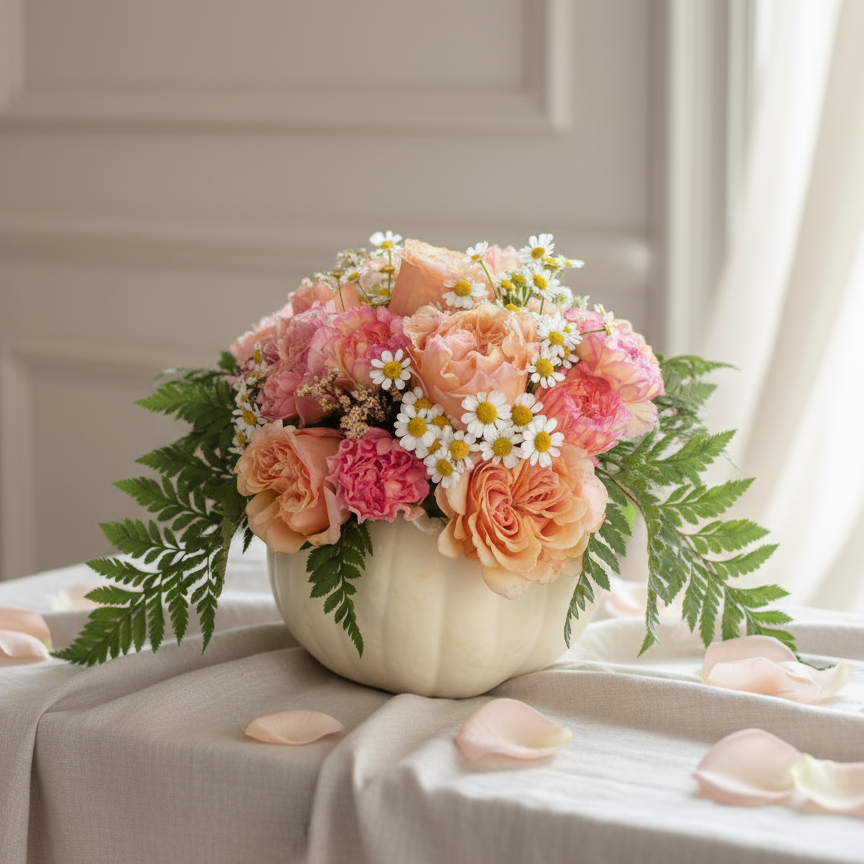 Blushing White Pumpkin Arrangement in an elegant romantic setting
