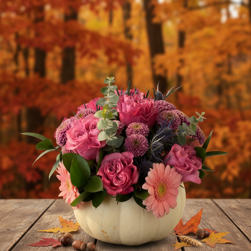 Blushing White Pumpkin Arrangement with seasonal background