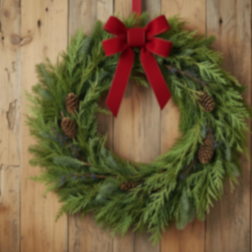 remove red barries and replace with real light blue juniper berries and make bow a tad longer
